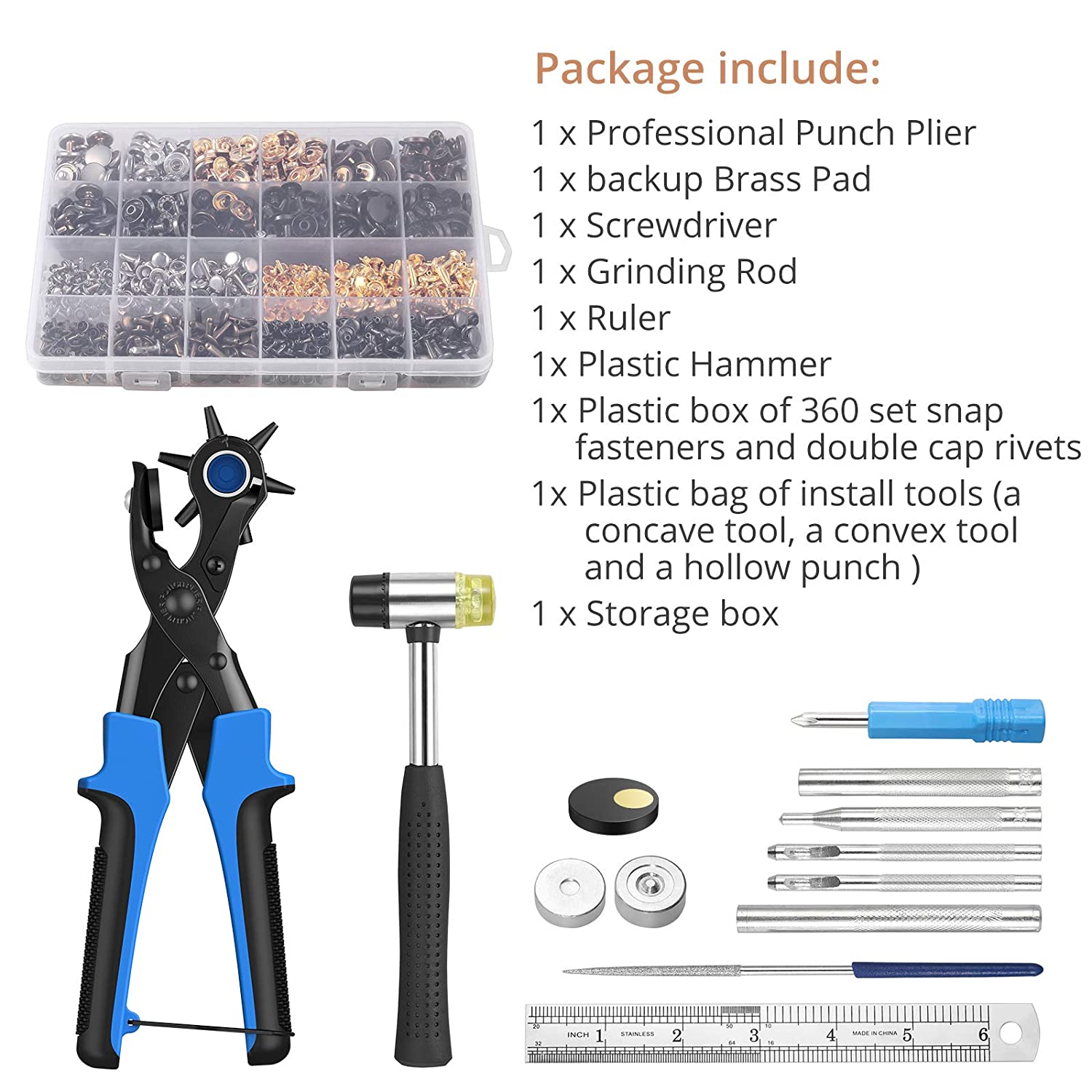 CAMWAY Leather Hole Punch,6Size Revolving Punch Plier Kit Leather Punches  Belt Hole Puncher + 240 Set Leather Rivets Double Cap Rivet Hole Puncher  for